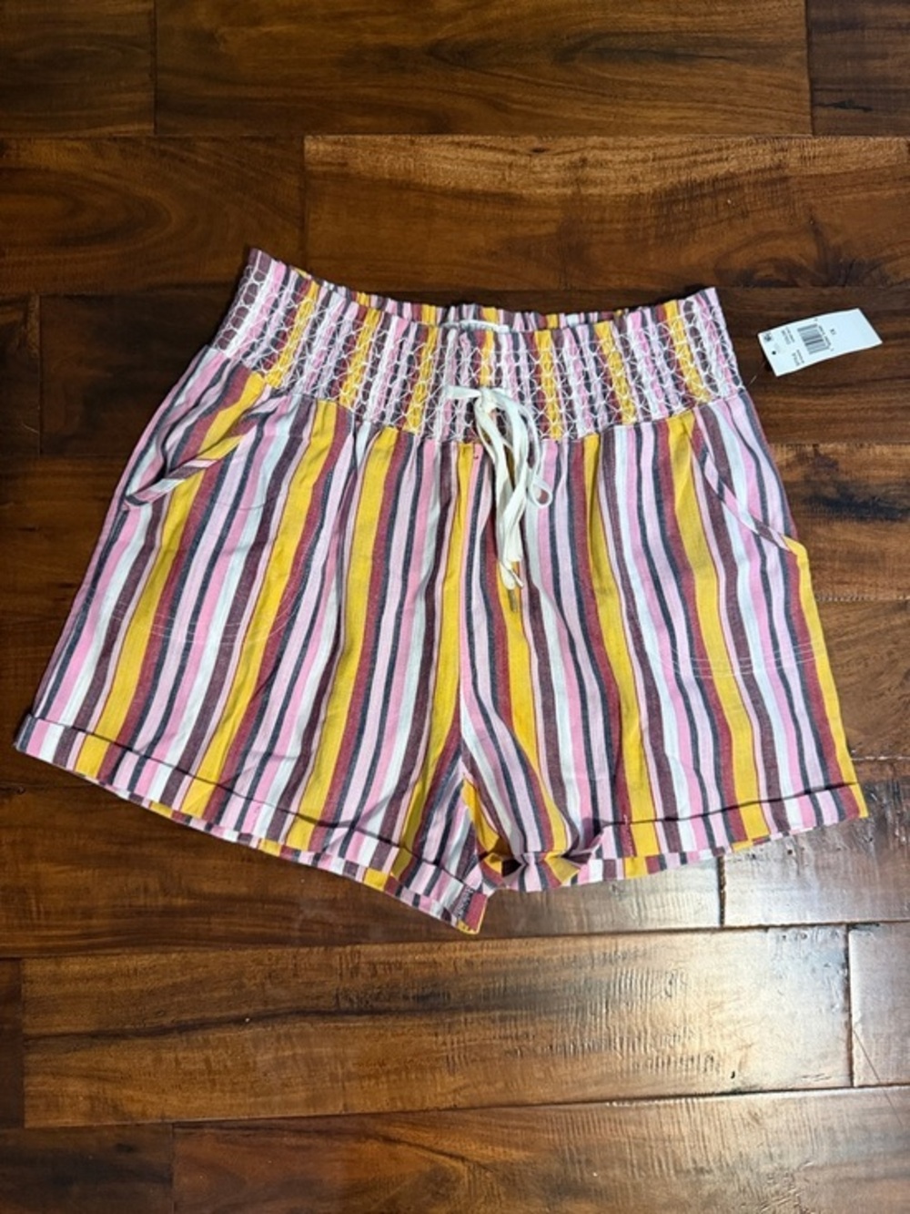 Women's Smocked Waist Striped Shorts - Pink & Yellow